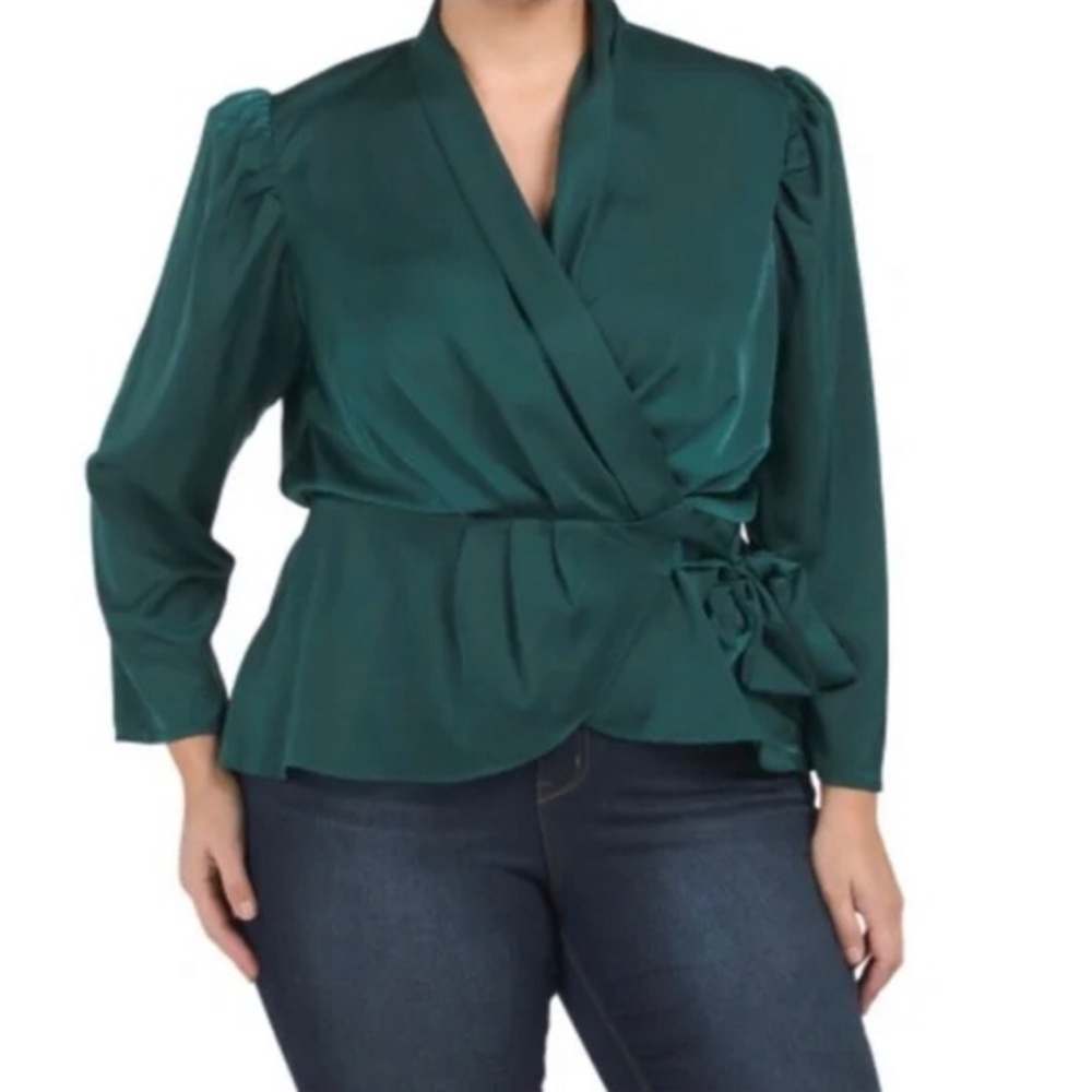 Adiva Hunter Green faux Satin Blouse w/faux wrap,pleats & sash bow Size 3X